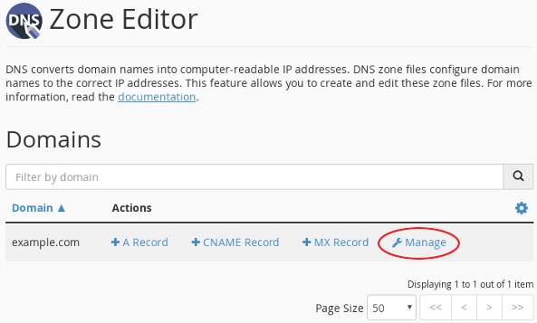 گزینه Manage در Zone Editor سی پنل
