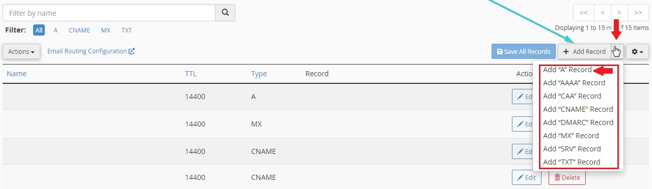 گزینه Add Record در سی پنل برای ایجاد رکوردهای DNS