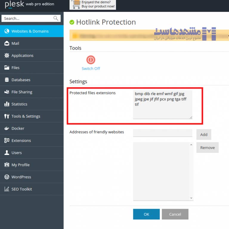 واردکردن پسوند فایل ها در بخش هات لینک پروتکشن پلسک